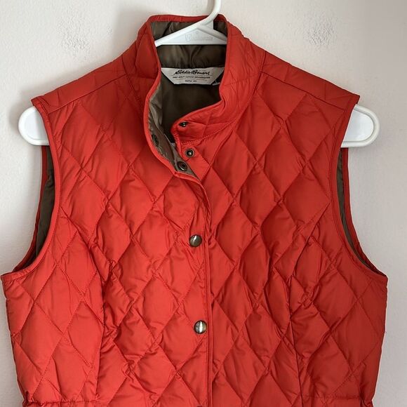 Eddie Bauer Button Down Goose Down Quilted Vest Womens Small Orange preppy EUC! - Picture 2 of 12